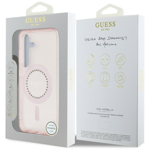 Etui Guess Rhinestones Printed Classic Logo MagSafe Samsung Galaxy S25 różowy