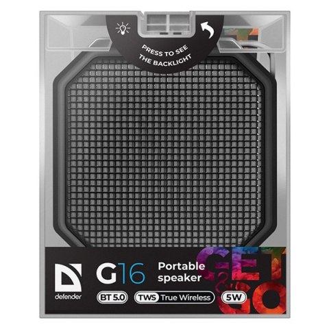 Defender głośnik G16, Li-Ion, 1.0, 5W, czarny, regulacja głośności, podświetlenie LED, BT 5.0, TWS, 50Hz~20kHz