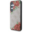 Etui Guess Leather 4G Flowers Print Metal Classic Logo MagSafe Samsung Galaxy S25 różowy