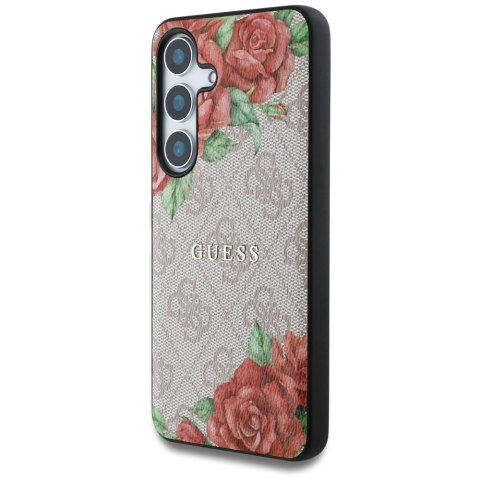 Etui Guess Leather 4G Flowers Print Metal Classic Logo MagSafe Samsung Galaxy S25 różowy