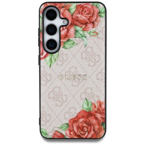 Etui Guess Leather 4G Flowers Print Metal Classic Logo MagSafe Samsung Galaxy S25 różowy