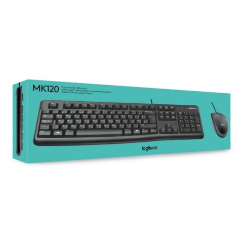 Logitech MK120, zestaw klawiatura z przewodową myszą optyczną, US, klasyczna, przewodowa (USB), czarna