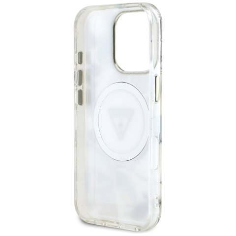 Etui Guess Glitter Flowers Triangle Buttons MagSafe do iPhone 16 Pro biały