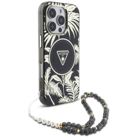 Etui Guess Palm Trees Triangle Pearl Strap MagSafe do iPhone 16 Pro czarny