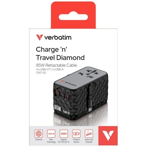 Verbatim Adapter podróżny EU/UK/US GaN USB-A/3xUSB-C PD 85W CNT-02 czarny/black 32127