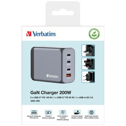 Verbatim Ładowarka sieciowa GaN 200W 3xUSB-C/USB-A + Adapter EU/UK/US GNC-200 32204