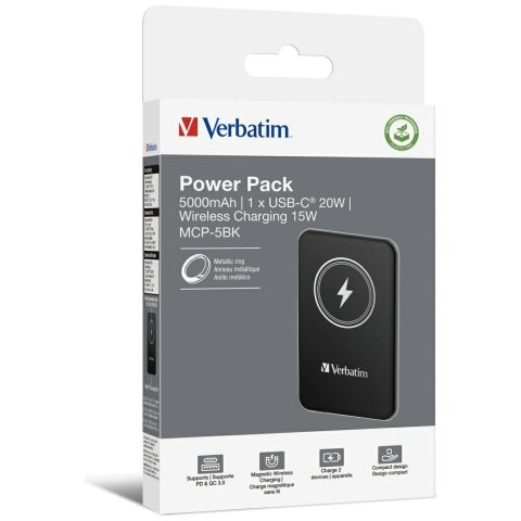 Verbatim Powerbank indukcyjny `n` Go 15W 5000mAh Wireless Magnetic czarny/black 32240