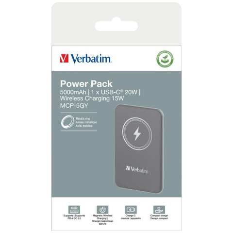 Verbatim Powerbank indukcyjny `n` Go 15W 5000mAh Wireless Magnetic szary/grey 32244