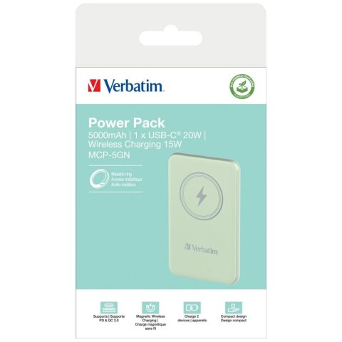 Verbatim Powerbank indukcyjny `n` Go 15W 5000mAh Wireless Magnetic zielony/green 32241