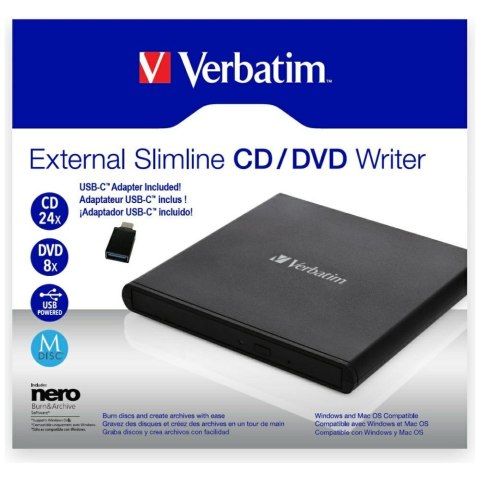 Verbatim Zewnętrzna nagrywarka Slimline CD/DVD USB-A + kabel USB-A/USB-A do USB-C czarny/black 98938