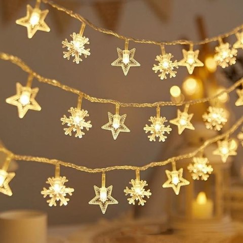 Lampki choinkowe LED snowflake/star - 6m/40 lampek ciepłe białe/warm white zasilane bat. 3xAA EHD-LS05