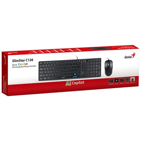Genius SlimStar C126 COPILOT, zestaw klawiatura z optyczną myszką, CZ/SK, przewodowa (USB), czarna, niski profil