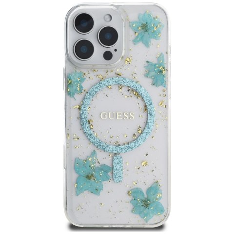 Etui Guess Resin Flowers Glitter MagSafe do iPhone 16 Pro Max turkusowy