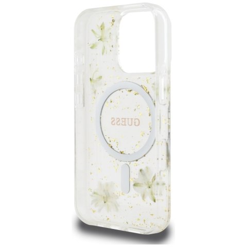 Etui Guess Resin Flowers Glitter MagSafe do iPhone 16 Pro beżowy