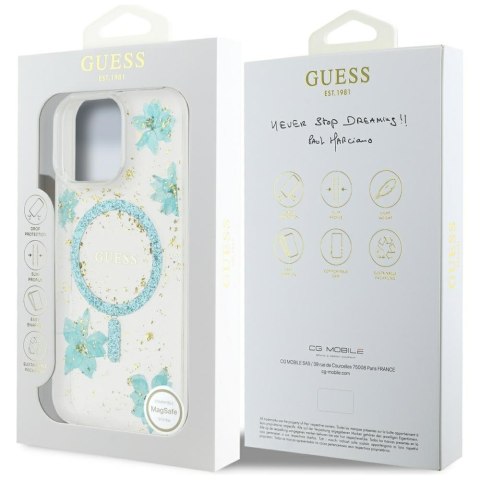 Etui Guess Resin Flowers Glitter MagSafe do iPhone 16 Pro turkusowy