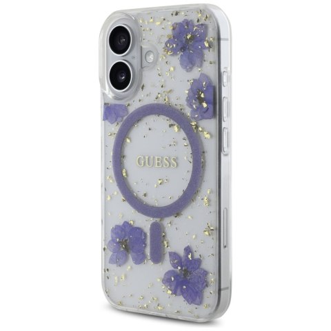 Etui Guess Resin Flowers Glitter MagSafe do iPhone 16 fioletowy
