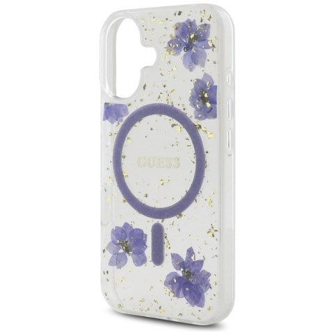 Etui Guess Resin Flowers Glitter MagSafe do iPhone 16 fioletowy