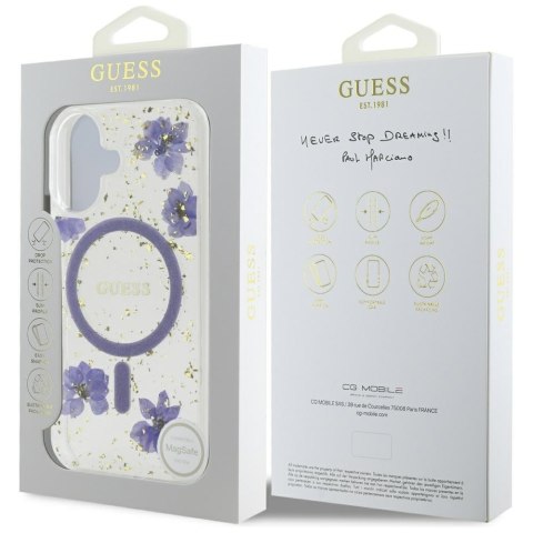 Etui Guess Resin Flowers Glitter MagSafe do iPhone 16 fioletowy
