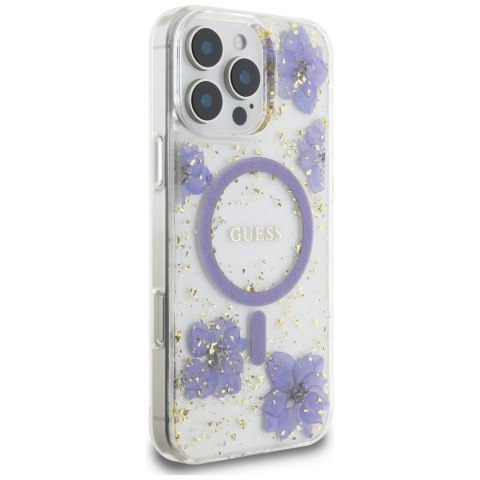Etui Guess Resin Flowers MagSafe do iPhone 16 Pro Max fioletowy