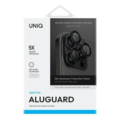UNIQ Optix Aluminium Camera Lens Protector iPhone 16 Pro 6.3" / 16 Pro Max 6.9" midnight black szkło na obiektyw aparatu z aplik