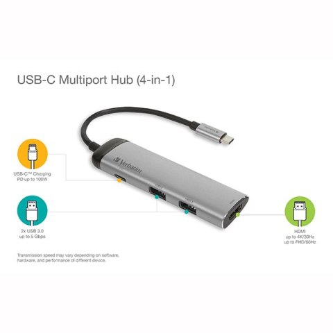 USB (3.1) hub 4-port, 49140, szara, długość przewodu 15cm, Verbatim, adapter USB C na 1x USB C, 1x USB A(3.0), 1x HDMI
