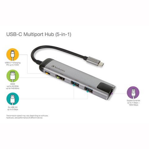 USB (3.1) hub 5-port, 49141, szara, długość przewodu 15cm, Verbatim, adapter USB C na USB C, 1x USB A, HDMI, ETHERNET