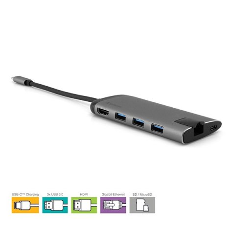 USB (3.1) hub 6-port, 49142, szara, długość przewodu 15cm, Verbatim, 1x USB C, USB A, HDMI