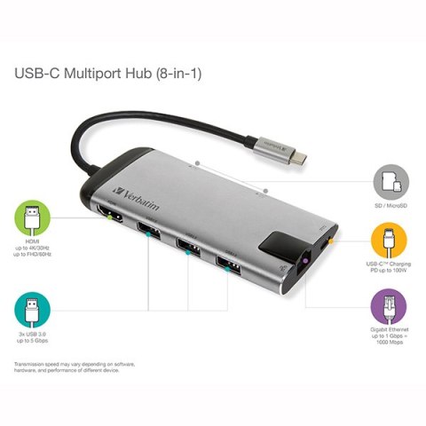 USB (3.1) hub 6-port, 49142, szara, długość przewodu 15cm, Verbatim, 1x USB C, USB A, HDMI