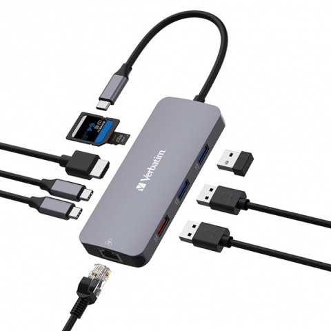 USB (3.2) hub 9-port, 32152, szary, długość przewodu 15cm, Verbatim, 2x USB C, 3x USB A, 1x HDMI, czytnik SD/micro SD