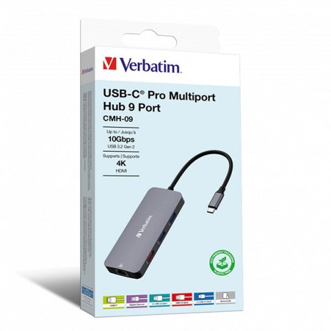 USB (3.2) hub 9-port, 32152, szary, długość przewodu 15cm, Verbatim, 2x USB C, 3x USB A, 1x HDMI, czytnik SD/micro SD