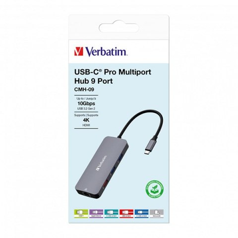 USB (3.2) hub 9-port, 32152, szary, długość przewodu 15cm, Verbatim, 2x USB C, 3x USB A, 1x HDMI, czytnik SD/micro SD