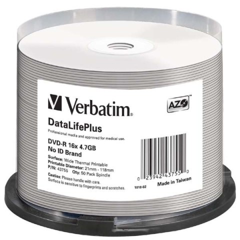 Verbatim DVD-R, DataLifePlus Wide Thermal Printable - No ID Brand, 43755, 4.7GB, 16x, spindle, 50-pack, 12cm, do archiwizacji da