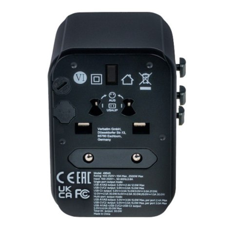 Verbatim, Adapter podróżny World-to-World Verbatim UTA-03 USB-A, USB-C, czarny, 30 W