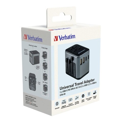 Verbatim, Adapter podróżny World-to-World Verbatim UTA-03 USB-A, USB-C, czarny, 30 W
