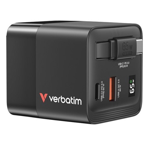 Verbatim, Ładowarka GaN USB 3.0, USB C, szara, 65 W, wymienne wtyczki C, G, A, ze zintegrowanym kablem