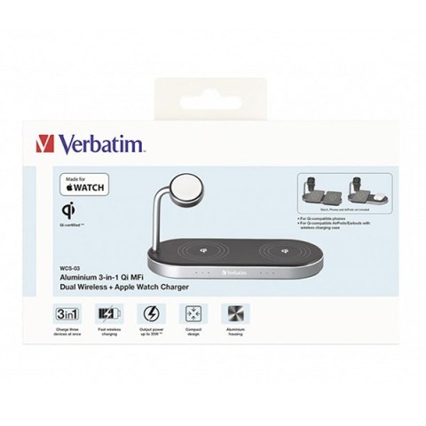 Verbatim, Ładowarka bezprzewodowa 3 w 1, na dwa iPhone,y i Apple Watch, czarna, 9V, 35W, Certifikat MFi i Qi
