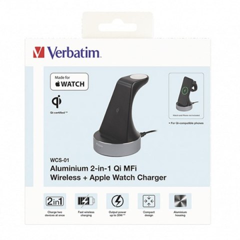 Verbatim, Podstawka ładująca 2 w 1, na iPhone i Apple Watch, czarna, 9V, 20W, Certifikat MFi i Qi