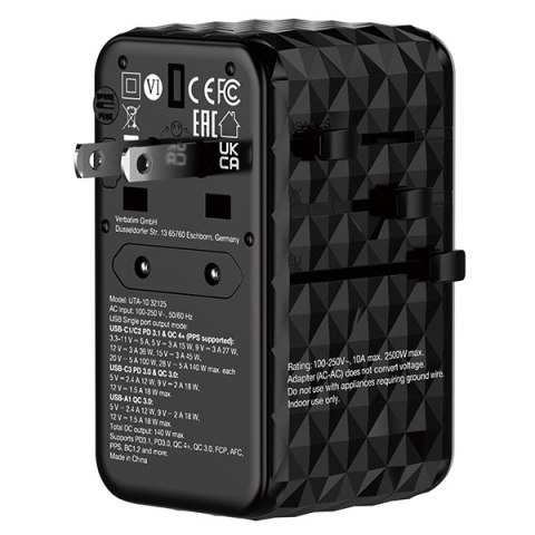 Verbatim, Uniwersalny adapter podróżny 2x USB-C PD i QC 4+, 1x USB-C PD 3.0, 1x USB-A QC, czarny, 140 W