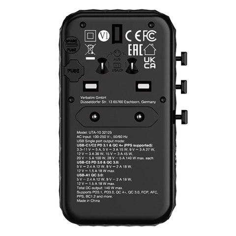 Verbatim, Uniwersalny adapter podróżny 2x USB-C PD i QC 4+, 1x USB-C PD 3.0, 1x USB-A QC, czarny, 140 W