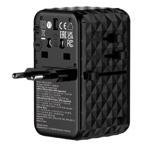 Verbatim, Uniwersalny adapter podróżny CNT-02 GaN III 3x USB-C PD QC 4+, 1x USB-C kabel, 1x USB-A QC, czarny, 85W