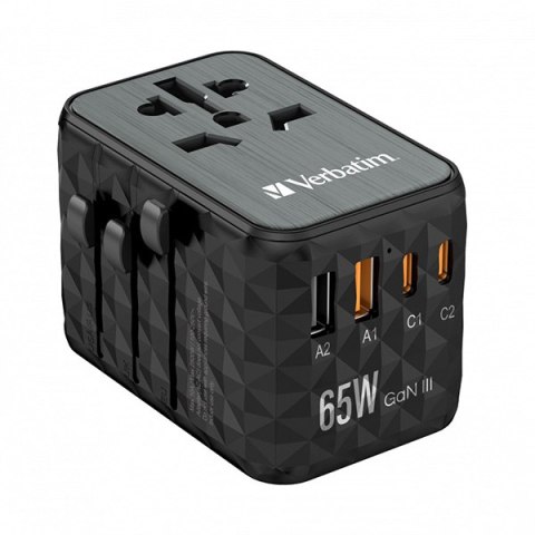 Verbatim, Uniwersalny adapter podróżny World-to-World UTA-05 2x USB-C PD, QC 4+, 2x USB-A, czarna, 65 W