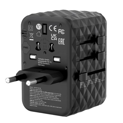 Verbatim, Uniwersalny adapter podróżny World-to-World UTA-05 2x USB-C PD, QC 4+, 2x USB-A, czarna, 65 W