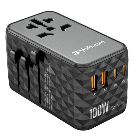 Verbatim, Uniwersalny adapter podróżny World-to-World UTA-06 2x USB-C PD, QC 4+, 2x USB-A QC 3.0, czarny, 100 W