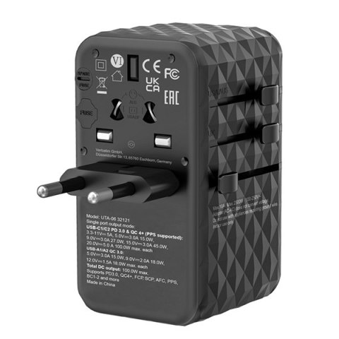 Verbatim, Uniwersalny adapter podróżny World-to-World UTA-06 2x USB-C PD, QC 4+, 2x USB-A QC 3.0, czarny, 100 W