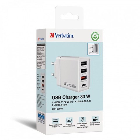 Verbatim Zasilacz / sieciowy adapter 30W, 4-portowy, 1x USB-C, 3x USB-A