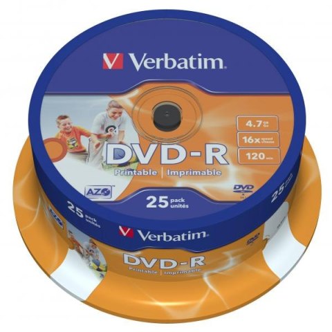 Verbatim DVD-R, Wide Inkjet Printable ID Brand, 43538, 4.7GB, 16x, spindle, 25-pack, 12cm, do archiwizacji danych
