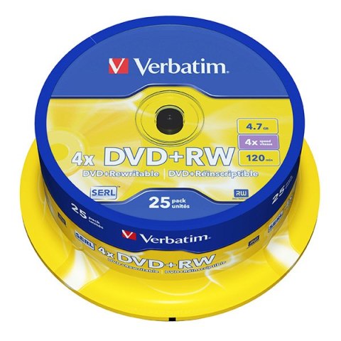 Verbatim DVD+RW, Matt Silver, 43489, 4.7GB, 4x, spindle, 25-pack, bez możliwości nadruku, 12cm, do archiwizacji danych