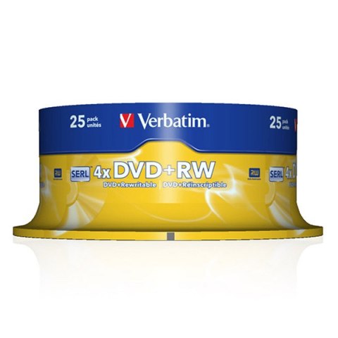 Verbatim DVD+RW, Matt Silver, 43489, 4.7GB, 4x, spindle, 25-pack, bez możliwości nadruku, 12cm, do archiwizacji danych