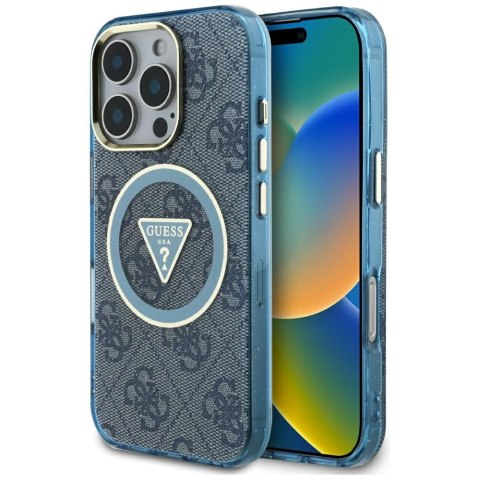 Etui Guess IML Metal Glitter 4G Circle Triangle MagSafe do iPhone 16 Pro Max niebieski