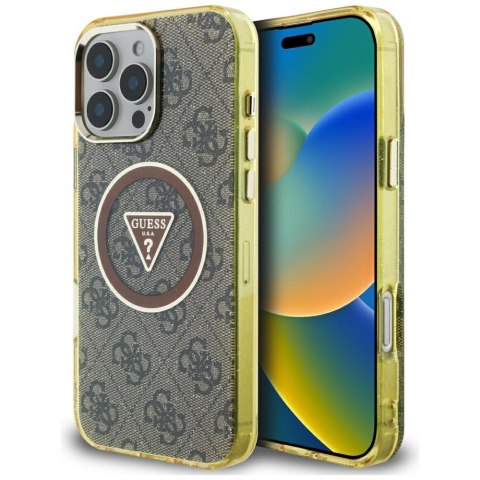 Etui Guess IML Metal Glitter 4G Circle Triangle MagSafe do iPhone 16 Pro brązowy